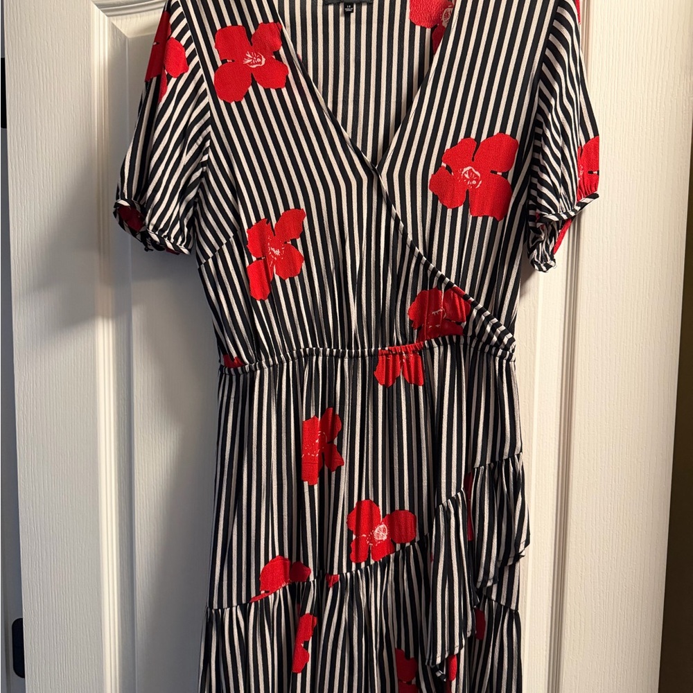 Madewell Black and White Striped Dress with Red Floral Design